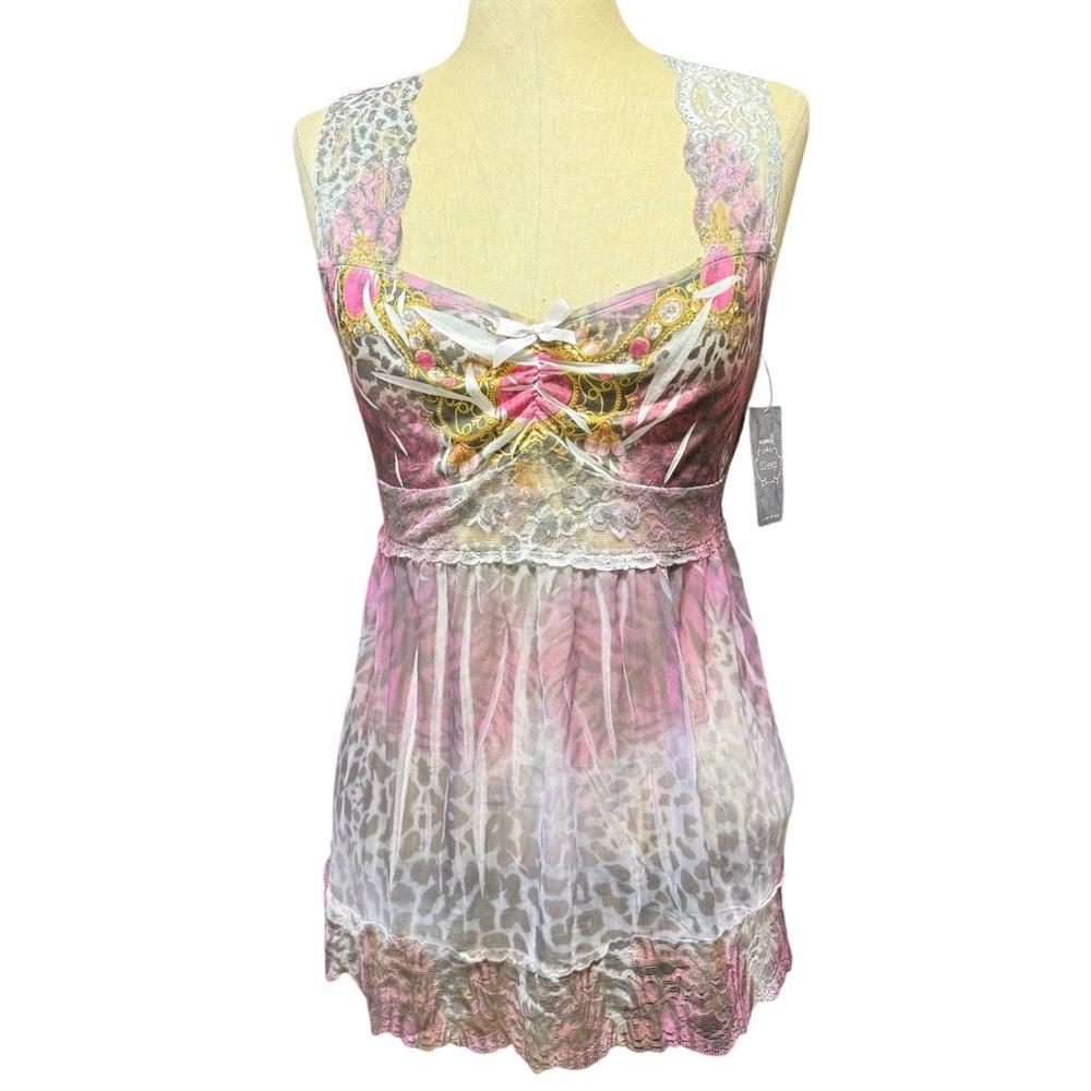 NWT One World M Cami Pink Animal Print Y2K McBling Mesh Lace Trim Floral